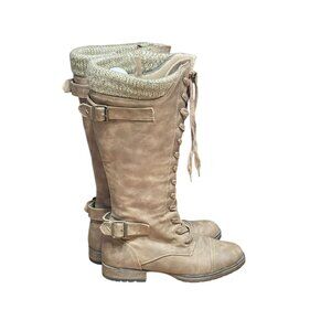 Knee-High Faux Leather Lace-Up Combat Boots With Knit Cuffs - Size 10M